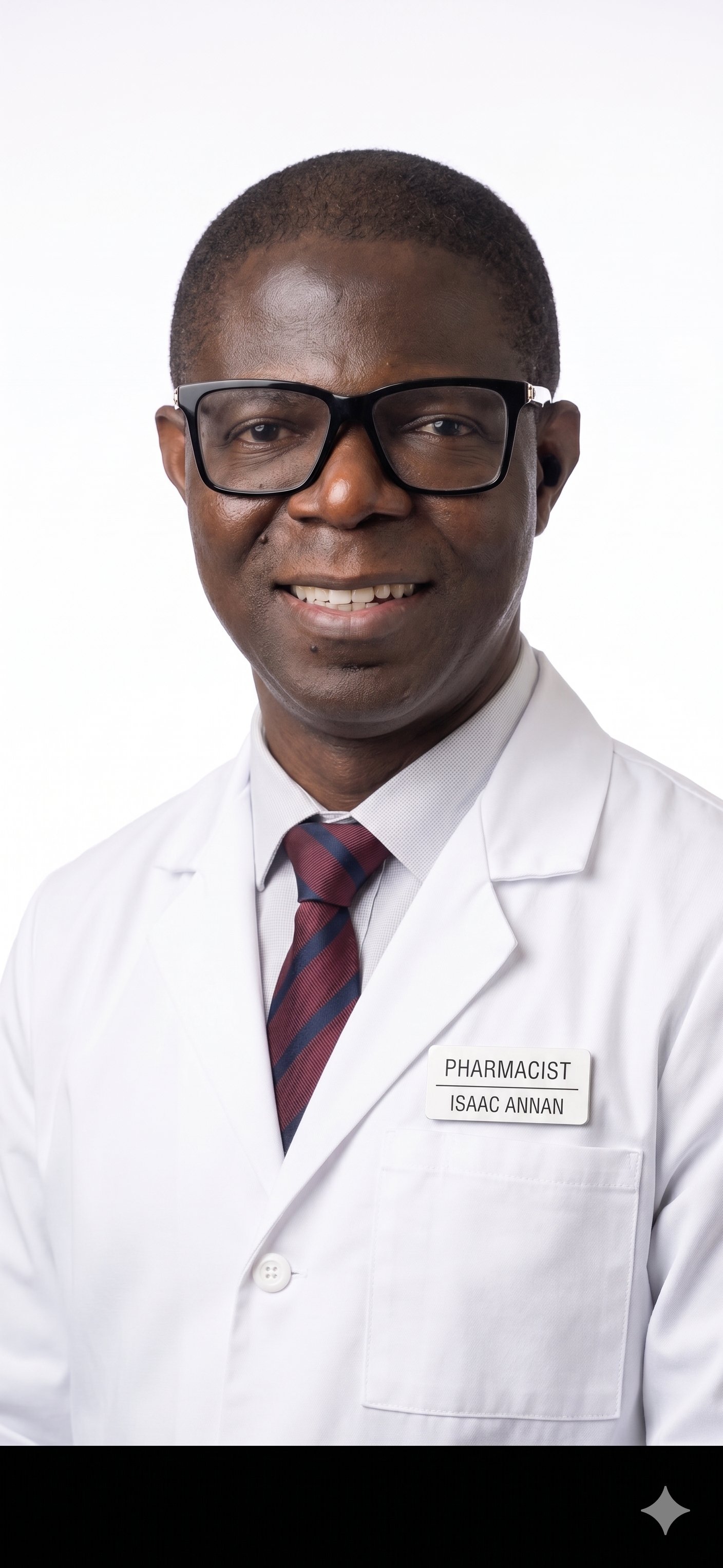 Isaac Annan, Registered Pharmacist, wearing a white pharmacist coat with name badge